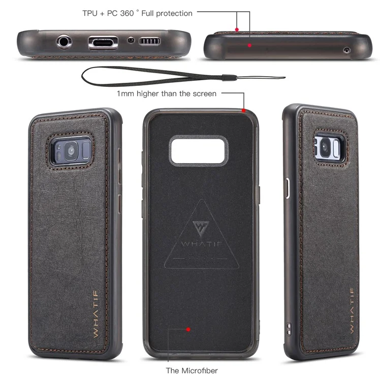 WHATIF DIY Brown Paper PU Leather Wallet Cover + Detachable PC + TPU Hybrid Case for Samsung Galaxy S8+ SM-G955 - Black