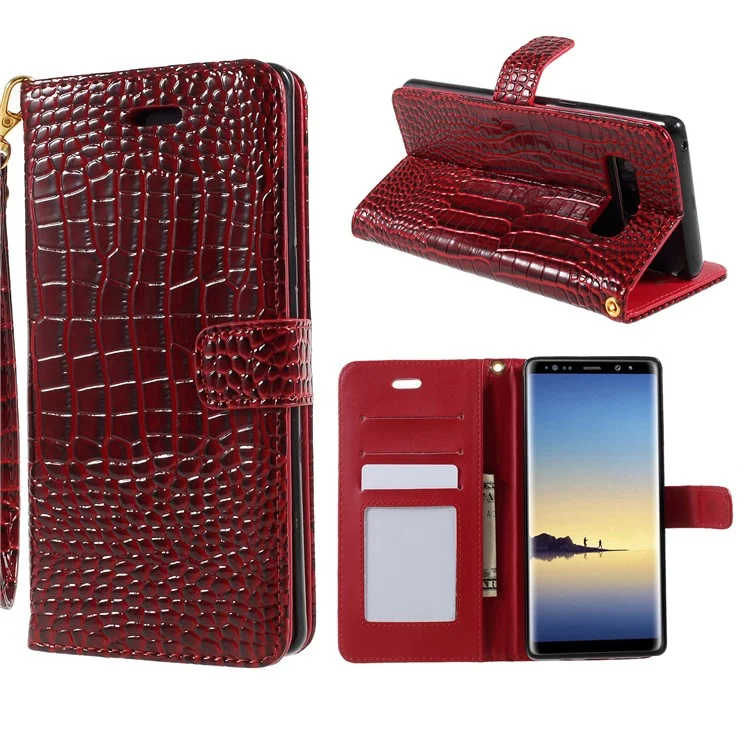 For Samsung Galaxy Note 8 N950 Crocodile Texture PU Leather Wallet Case with Strap - Red