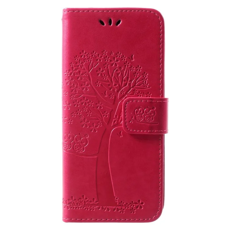 Imprint Tree and Owls Wallet PU Leather Case for Samsung Galaxy A8 (2018) - Red