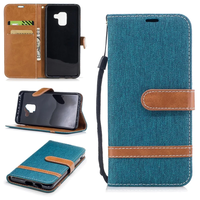 For Samsung Galaxy A8 (2018) Bi-color Jean Cloth PU Leather Card Holder Mobile Casing - Green