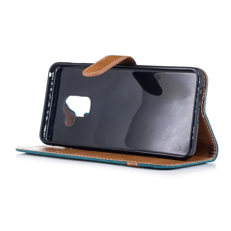 For Samsung Galaxy A8 (2018) Bi-color Jean Cloth PU Leather Card Holder Mobile Casing - Green