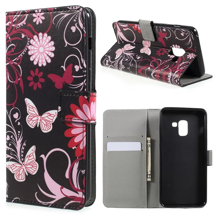Coque de protection pour téléphone portable en cuir PU imprimé avec motif, portefeuille magnétique avec support pour Samsung Galaxy A8 (2018) - Fleurs roses et papillons