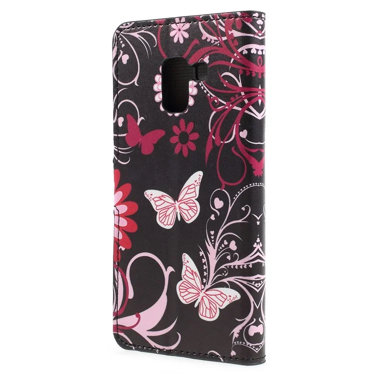 Impresión de Patrones PU Cuero de Cuero Stand Protectora Con Caparazón Para el Teléfono Samsung Galaxy A8 (2018) - Flor Rosa y Mariposa