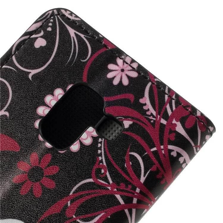 Coque de protection pour téléphone portable en cuir PU imprimé avec motif, portefeuille magnétique avec support pour Samsung Galaxy A8 (2018) - Fleurs roses et papillons