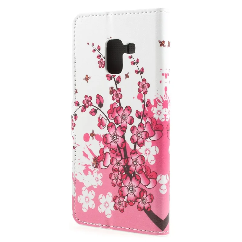 Pattern Printing PU Leather Magnetic Wallet Protective Phone Shell with Stand for Samsung Galaxy A8 (2018) - Peach Flower