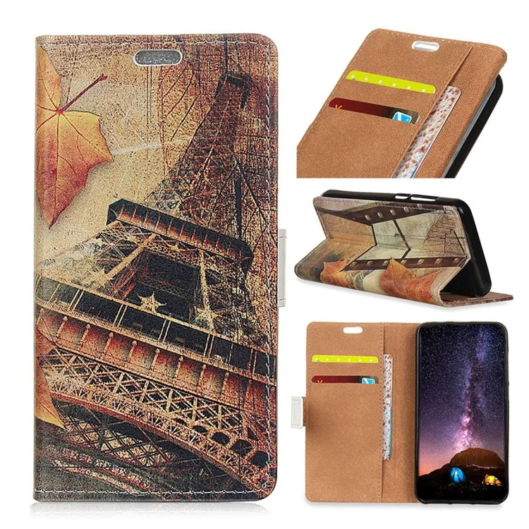Pattern Printing Wallet Stand Leather Shell for Samsung Galaxy A8 (2018) - Eiffel Tower and Maple