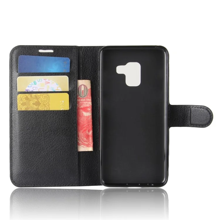 Litchi Skin PU Leather Wallet Stand Mobile Phone Case with Magnet for Samsung Galaxy A8 (2018) - Black