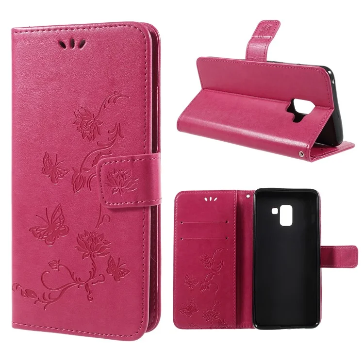Imprint Butterfly Flower Leather Wallet Stand Phone Case for Samsung Galaxy A8 Plus (2018) - Rose