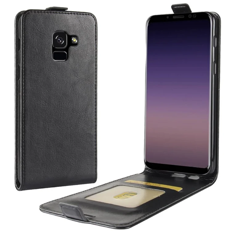 Crazy Horse Vertical Flip Leather Magnetic Phone Casing for Samsung Galaxy A8 (2018) - Black