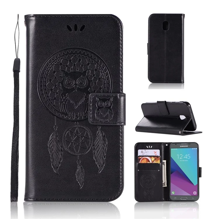 Owl Dream Catcher Imprinted PU Leather Wallet Stand Casing for Samsung Galaxy J3 Pro (2017) / J3 (2017) EU Version - Black