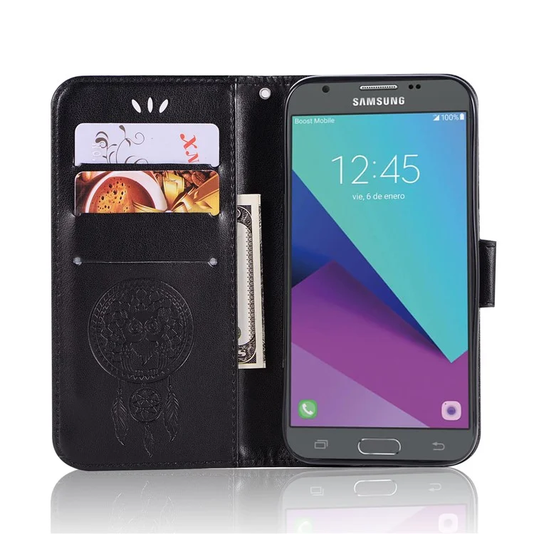 Owl Dream Catcher Imprinted PU Leather Wallet Stand Casing for Samsung Galaxy J3 Pro (2017) / J3 (2017) EU Version - Black