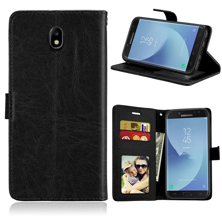 Crazy Horse Wallet Leather Stand Case for Samsung Galaxy J7 Pro (2017) / J7 (2017) EU Version - Black