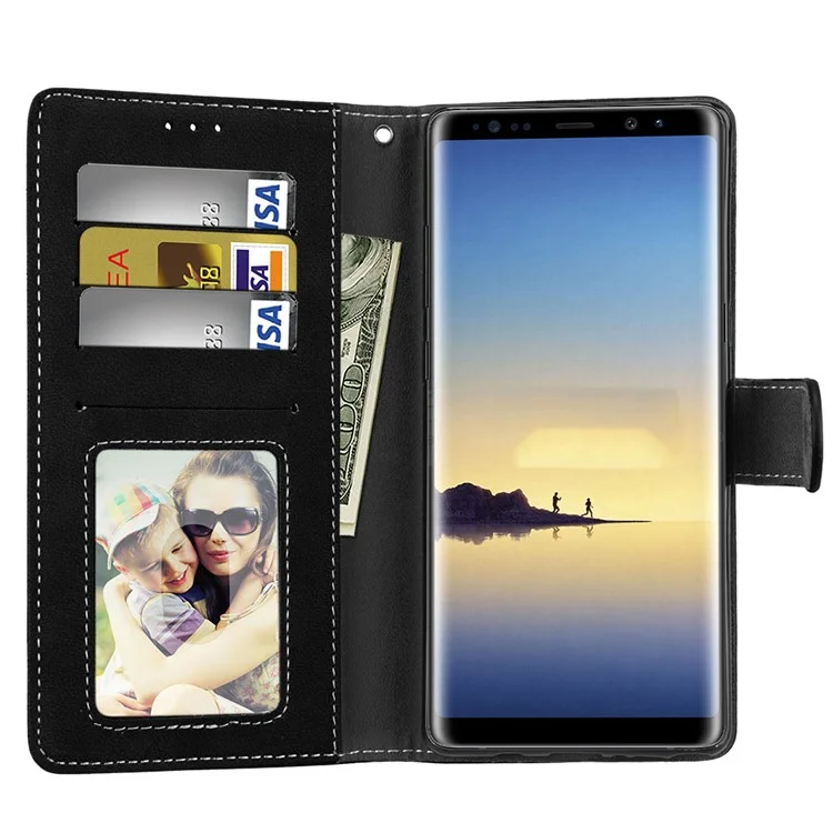 Matte Surface Wallet Leather Stand Case for Samsung Galaxy Note 8 SM-N950 - Black