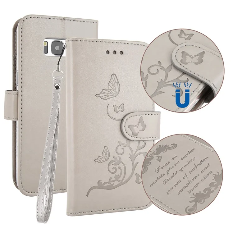 For Samsung Galaxy S8 G950 Imprint Butterfly Flowers Wallet Leather Stand Case with Strap - Grey