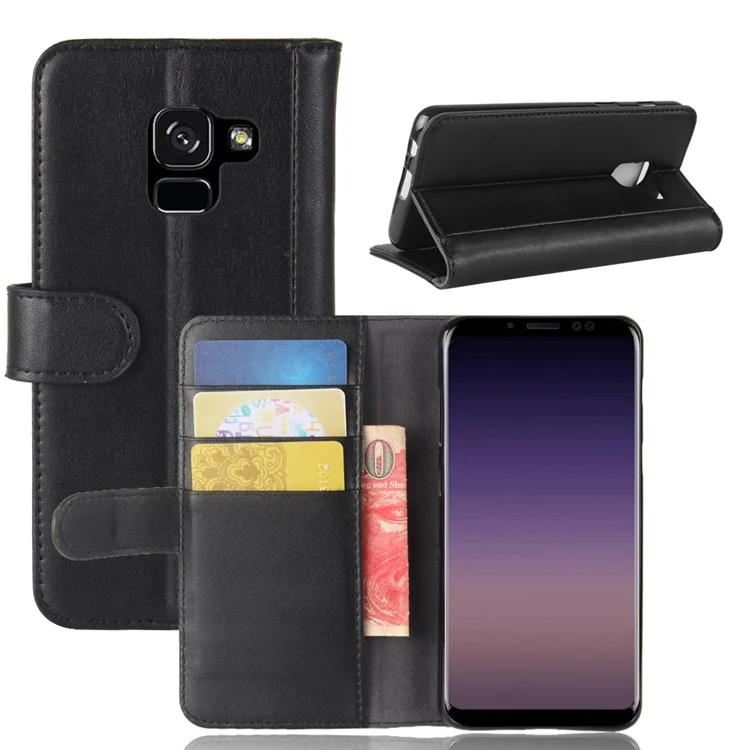 Funda de teléfono de cuero genuino con soporte para Samsung Galaxy A8 (2018) - Negro