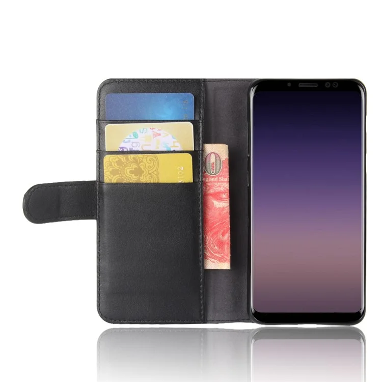 Genuine Leather Wallet Stand Phone Cover for Samsung Galaxy A8 (2018) Cell Phone Leather Shell - Black