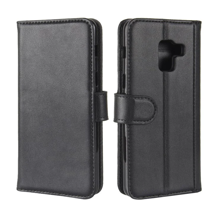 Genuine Leather Wallet Stand Phone Cover for Samsung Galaxy A8 (2018) Cell Phone Leather Shell - Black