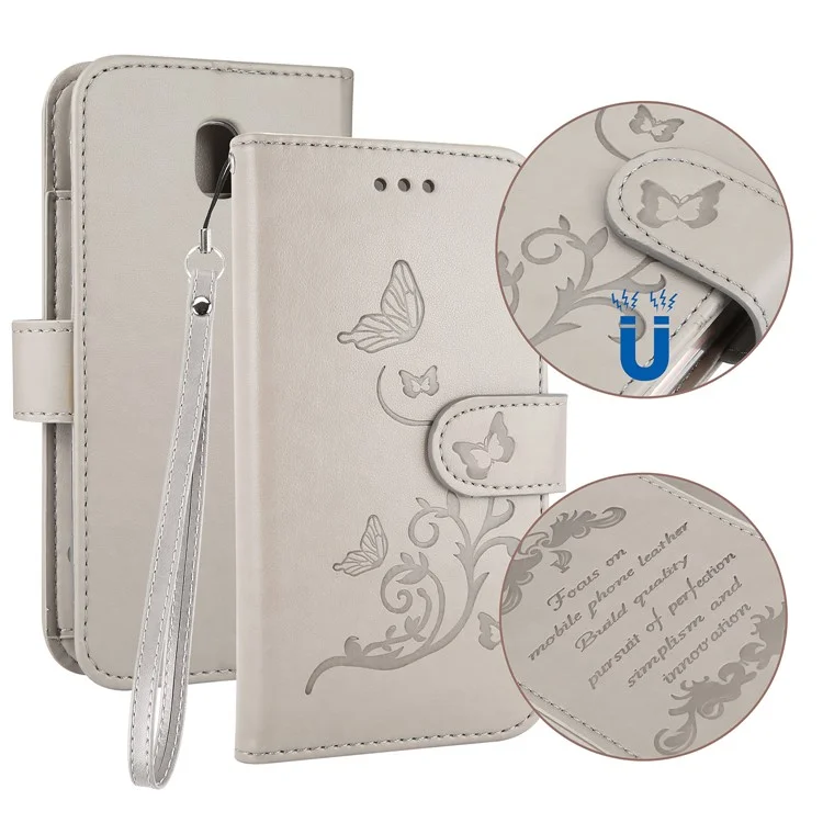 Imprint Plant and Butterfly Pattern PU Leather Wallet Case for Samsung Galaxy J3 (2017) EU Version / J3 Pro (2017) - Grey