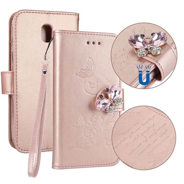 Rhinestone Imprint Butterfly Flower Leather Wallet Shell for Samsung Galaxy J3 Pro (2017) / J3 (2017) EU Version - Rose Gold