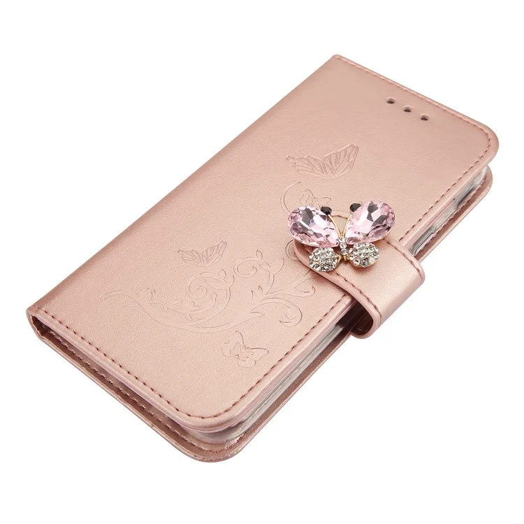 Rhinestone Imprint Butterfly Flower Leather Wallet Shell for Samsung Galaxy J3 Pro (2017) / J3 (2017) EU Version - Rose Gold