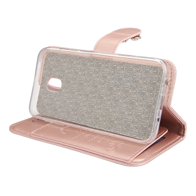 Rhinestone Imprint Butterfly Flower Leather Wallet Shell for Samsung Galaxy J3 Pro (2017) / J3 (2017) EU Version - Rose Gold