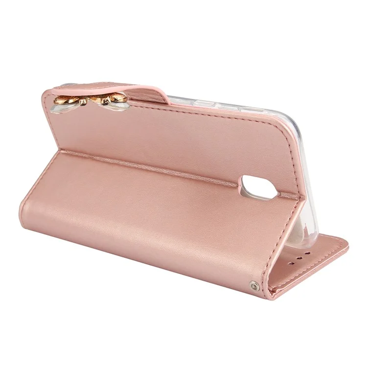 Rhinestone Imprint Butterfly Flower Leather Wallet Shell for Samsung Galaxy J3 Pro (2017) / J3 (2017) EU Version - Rose Gold