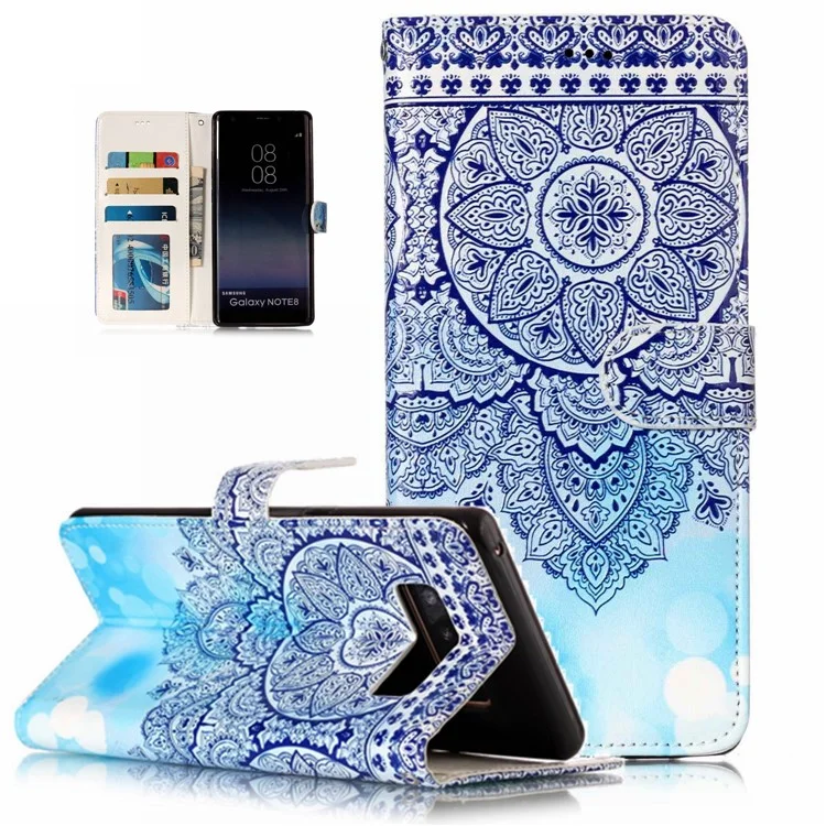 Pattern Printing Embossed Wallet Leather Shell Case for Samsung Galaxy Note 8 SM-N950 - Blue Flower