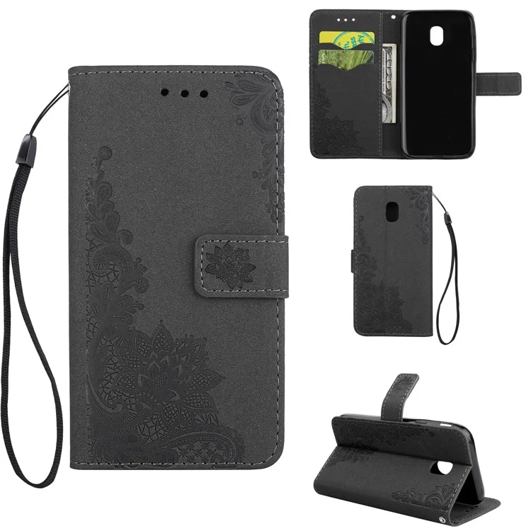 Glittery Powder Peacock Flowers Imprinted Leather Wallet Case for Samsung Galaxy J3 (2017)/J7 Pro (2017) - Black