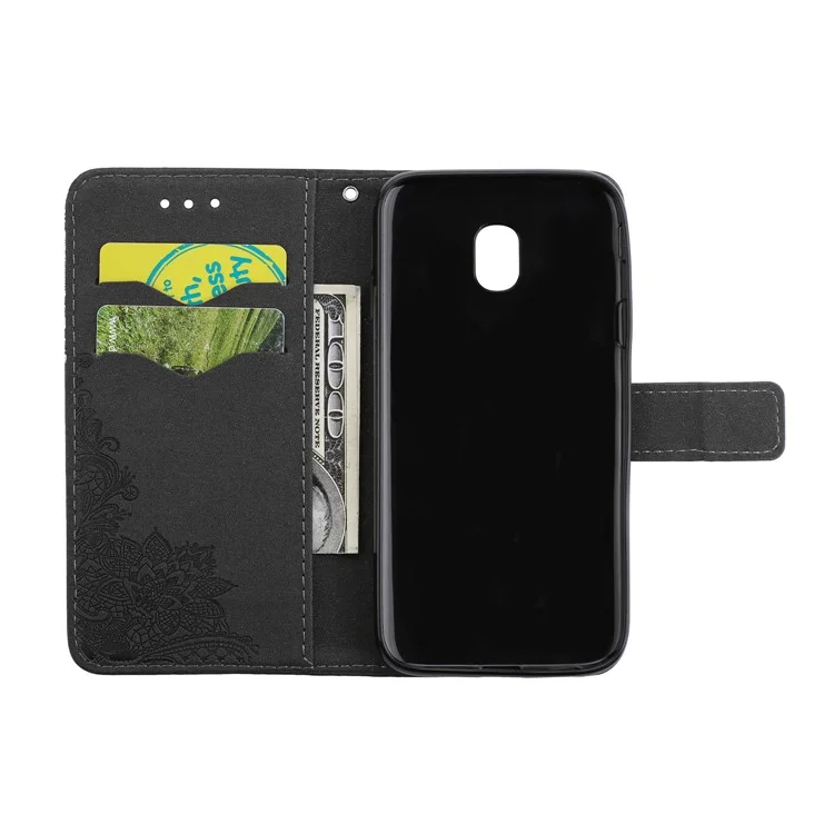 Glittery Powder Peacock Flowers Imprinted Leather Wallet Case for Samsung Galaxy J3 (2017)/J7 Pro (2017) - Black