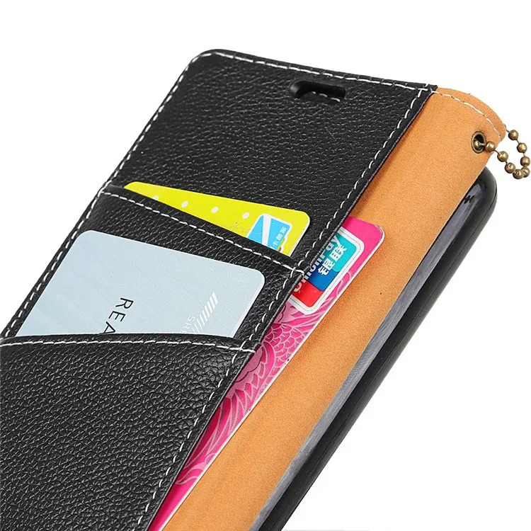 Litchi Texture Genuine Leather Wallet Case with Stand for Samsung Galaxy A8 (2018) - Black