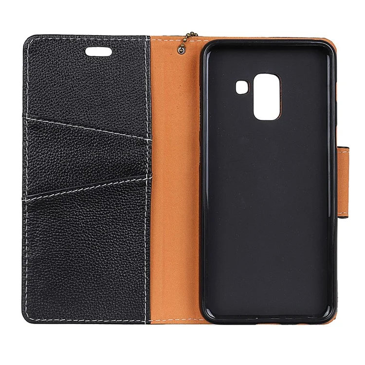 Litchi Texture Genuine Leather Wallet Stand Mobile Case for Samsung Galaxy A8 Plus (2018) - Black