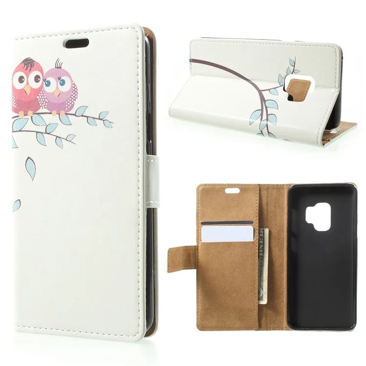 Patterned PU Leather Folio Wallet Stand Phone Casing for Samsung Galaxy S9 G960 - Owls