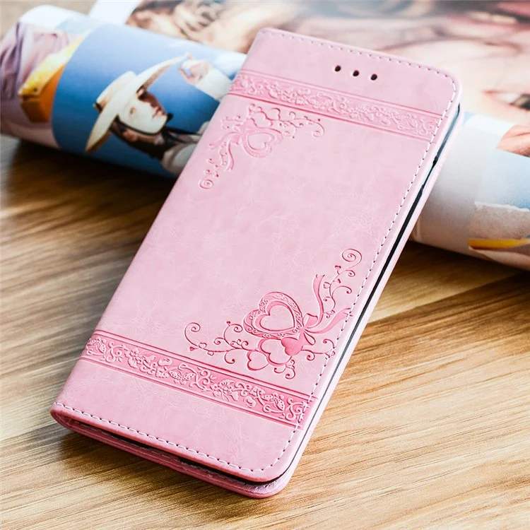 Imprint Diagonal Heart Flower PU Leather Wallet Shell for Samsung Galaxy A7 (2017) SM-A720F - Pink