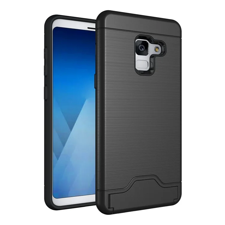 Brushed PC + TPU Hybrid Card Slot Case for Samsung Galaxy A8 (2018) with Kickstand - Black