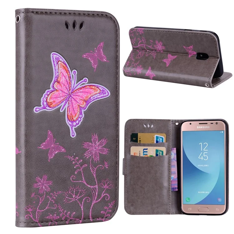 Glittery Powder Imprinted Butterfly Pattern Leather Wallet Stand Case for Samsung Galaxy J3 Pro (2017) / J3 (2017) EU Version - Grey