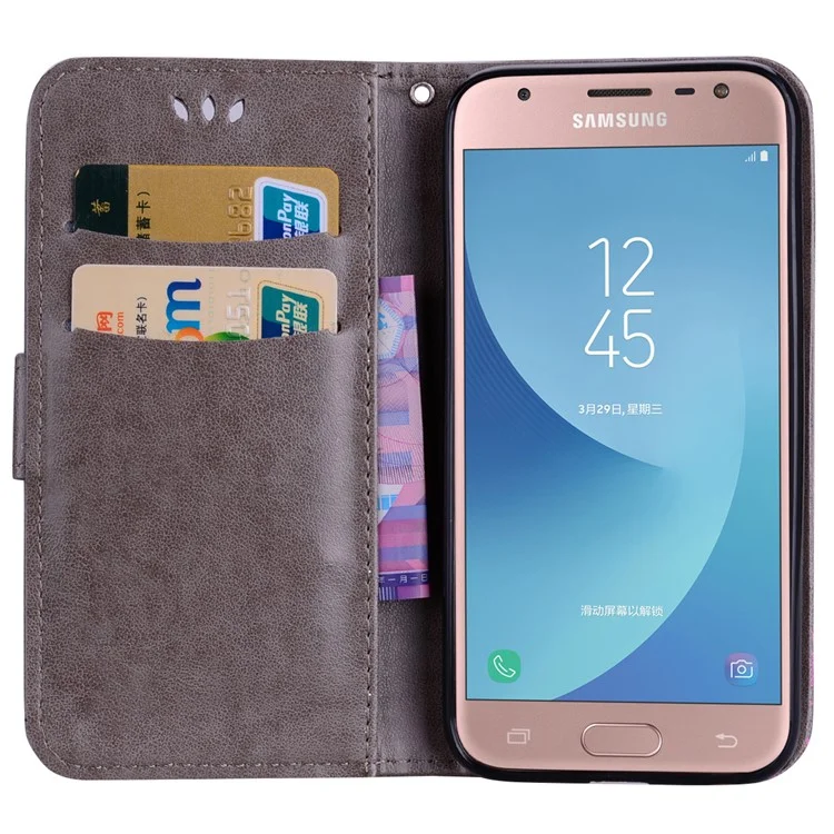 Glittery Powder Imprinted Butterfly Pattern Leather Wallet Stand Case for Samsung Galaxy J3 Pro (2017) / J3 (2017) EU Version - Grey