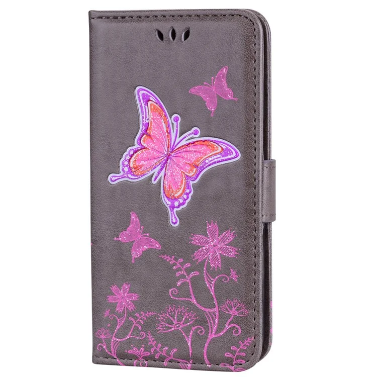 Glittery Powder Imprinted Butterfly Pattern Leather Wallet Stand Case for Samsung Galaxy J3 Pro (2017) / J3 (2017) EU Version - Grey