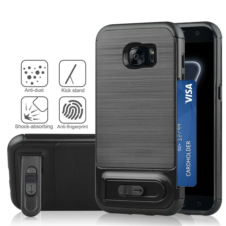 ANGIBABE Card Holder Brushed PC + TPU Kickstand Case for Samsung Galaxy S7 edge SM-G935 - Black