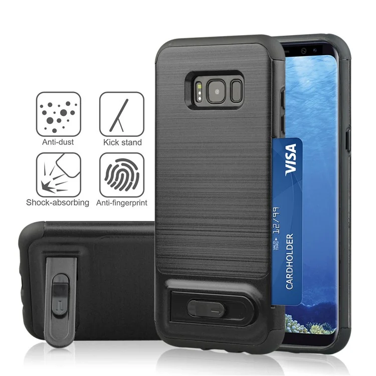 ANGIBABE Card Holder Brushed PC + TPU Back Case with Kickstand for Samsung Galaxy S8 G950 - Black