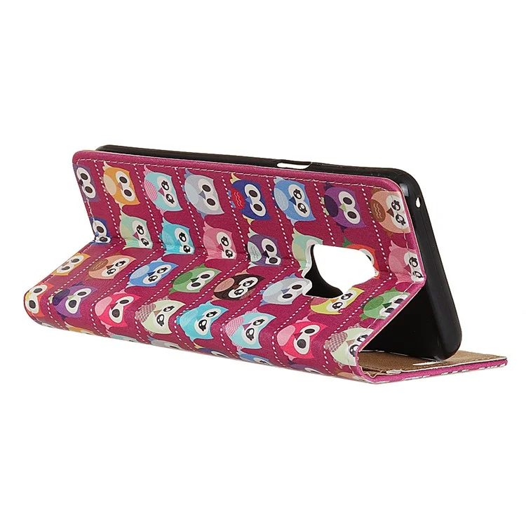 Patterned PU Leather Wallet Stand Protective Shell for Samsung Galaxy S9 - Owls Purple Background