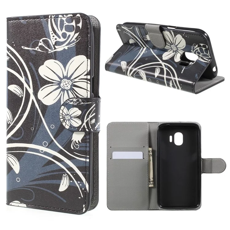 Water Transfer Printing Leather Wallet Stand Case for Samsung Galaxy J2 Pro 2018 - White Flower