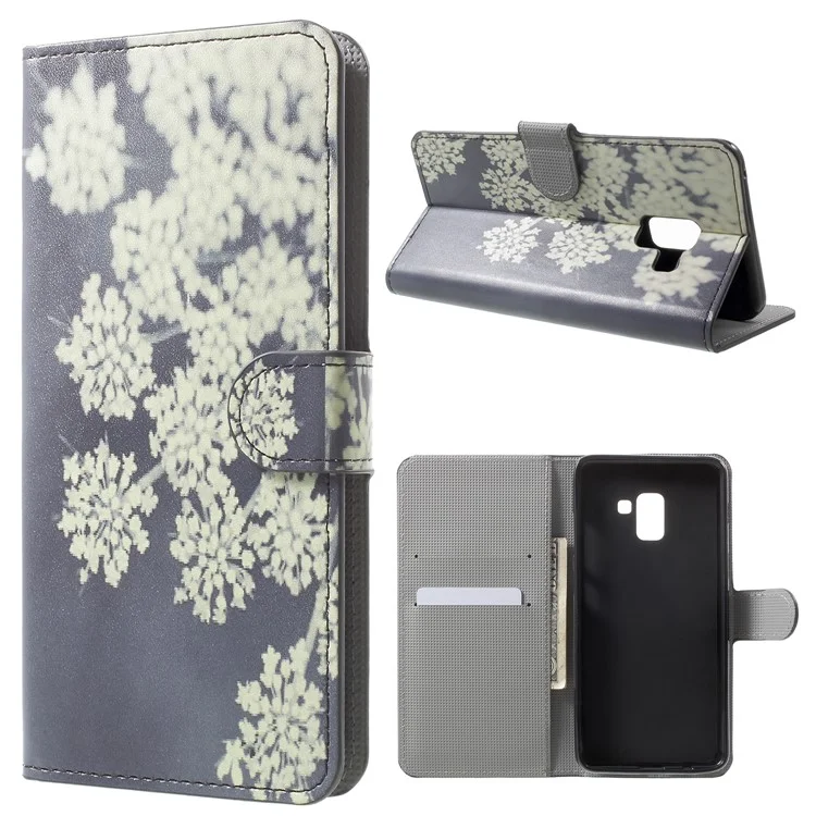 Pattern Printing Leather Magnetic Wallet Stand Folio Case for Samsung Galaxy A8 (2018) - White Blossoming Flower