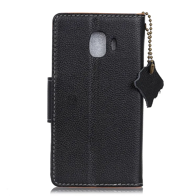 Litchi Texture Genuine Leather Wallet Stand Cell Phone Case for Samsung Galaxy J2 Pro 2018 - Black
