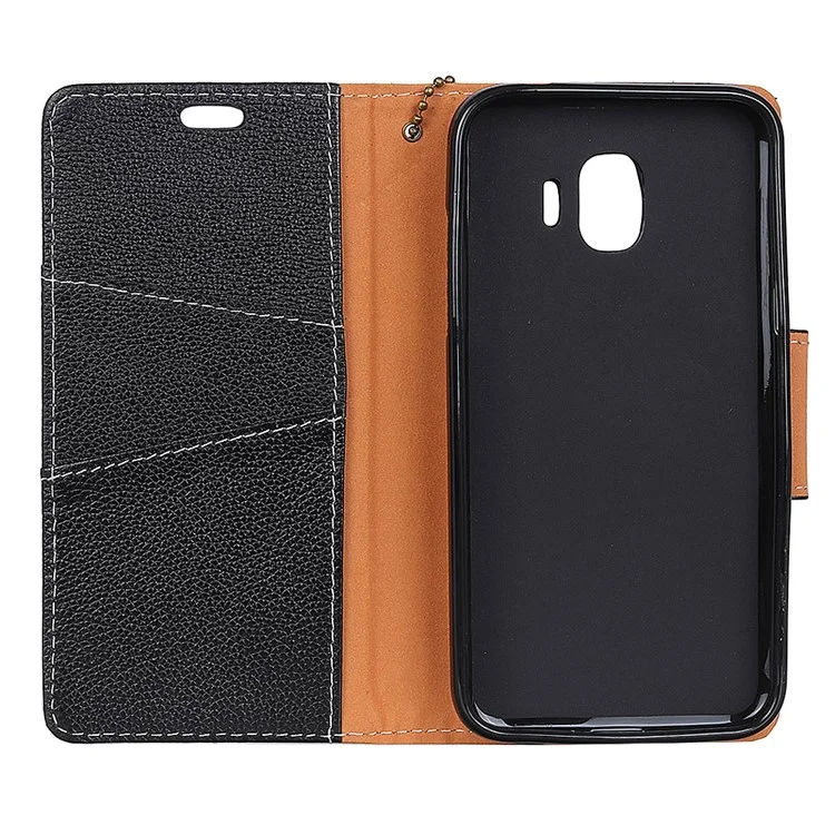 Litchi Texture Genuine Leather Wallet Stand Cell Phone Case for Samsung Galaxy J2 Pro 2018 - Black