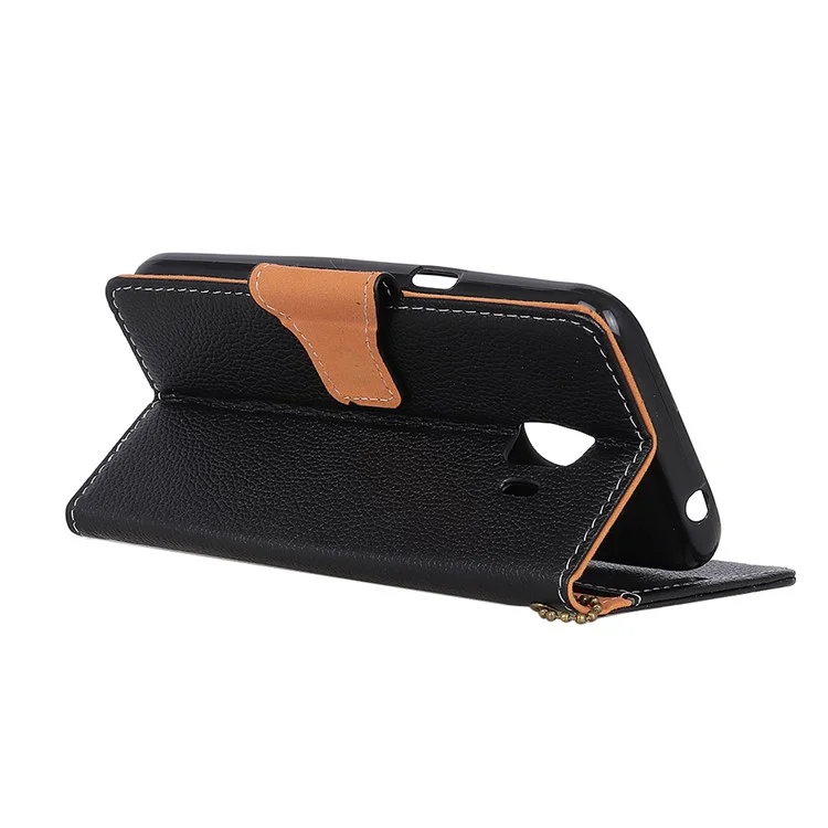 Litchi Texture Genuine Leather Wallet Stand Cell Phone Case for Samsung Galaxy J2 Pro 2018 - Black