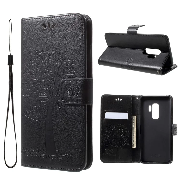 Imprint Tree Owl PU Leather Wallet Case with Strap for Samsung Galaxy S9+ G965 - Black