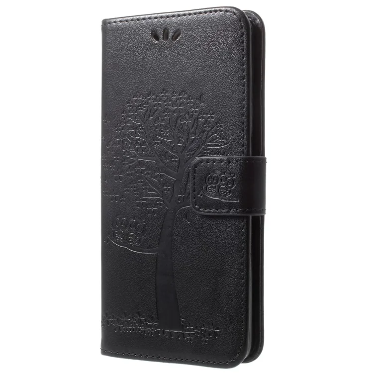 Imprint Tree Owl PU Leather Wallet Case with Strap for Samsung Galaxy S9+ G965 - Black