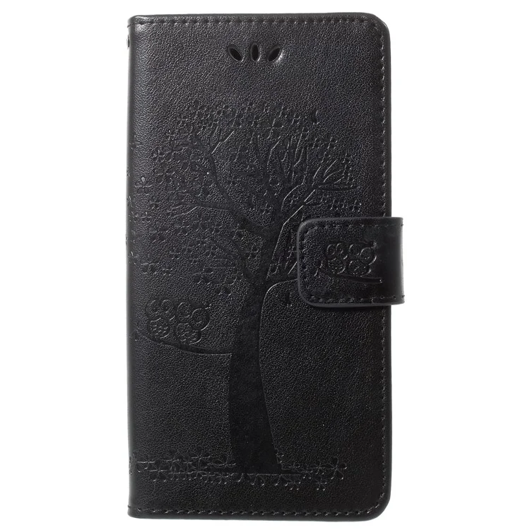 For Samsung Galaxy S9 G960 Imprint Tree Owl Wallet PU Leather Mobile Case with Lanyard - Black