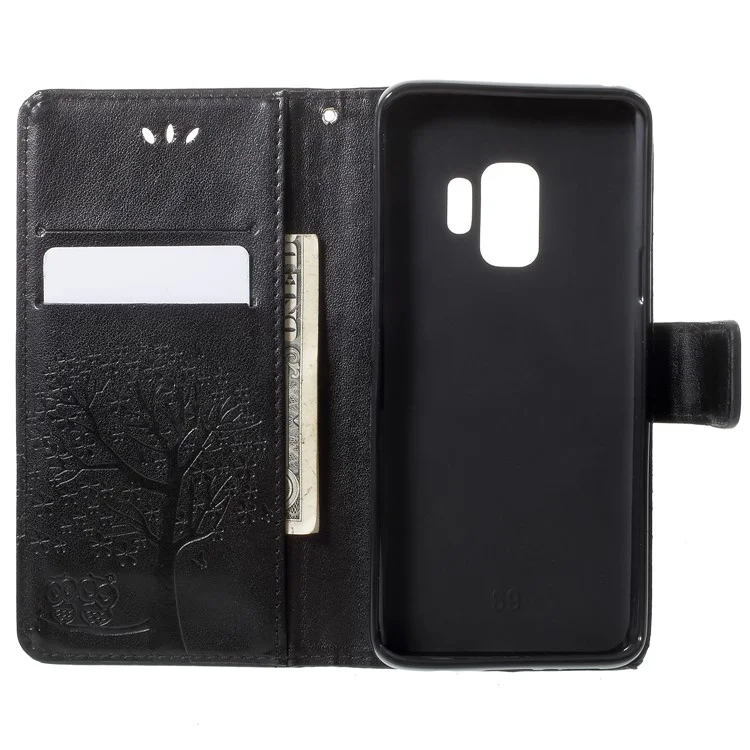 For Samsung Galaxy S9 G960 Imprint Tree Owl Wallet PU Leather Mobile Case with Lanyard - Black