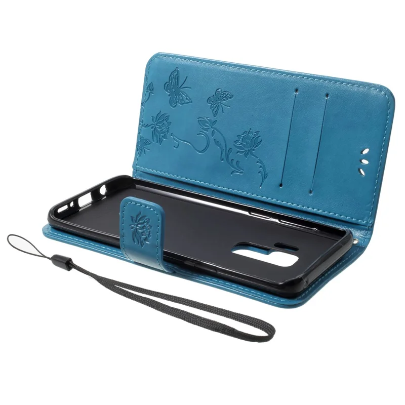 Imprinted Butterfly Flower Stand Leather Wallet Case for Samsung Galaxy S9+ G965 - Blue